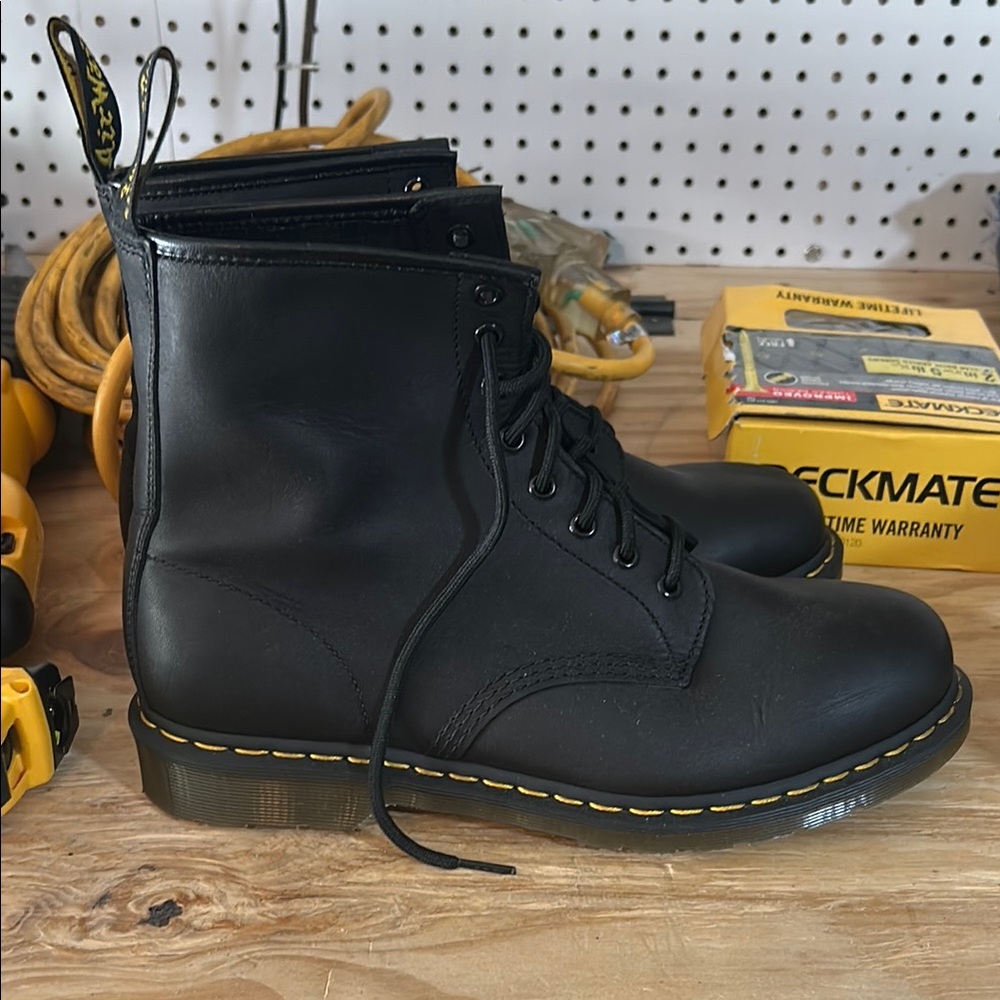 Dr. Martens Black Leather Combat Boots with Yellow Stitching